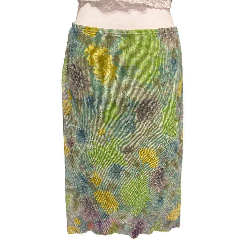 Y2K Blasting Floral Plisse Midi Skirt Fairycore Lettuce Hem Green S